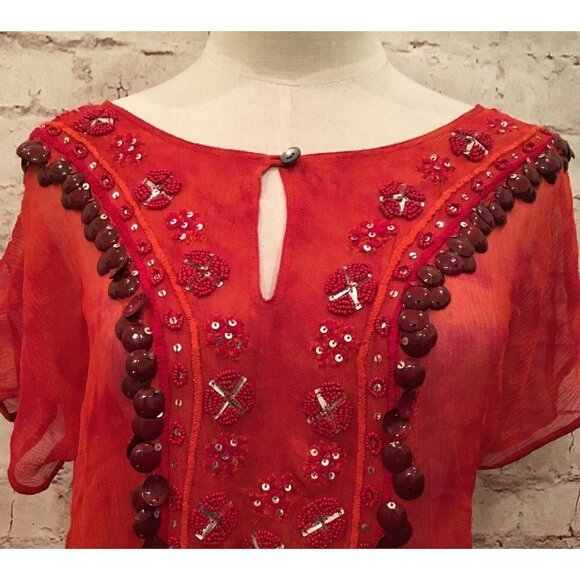 Chico's 0 Short Sleeve Silk Chiffon Top Embellished Cinch Tie Waist Orange - Picture 2 of 4